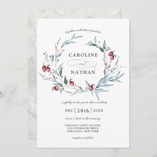 Winter Berries Watercolor Botanical Wreath Wedding Invitation (Front/Back)