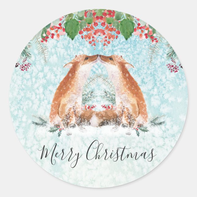 Winter Berries Woodland Fox Merry Christmas Classi Classic Round Sticker (Front)