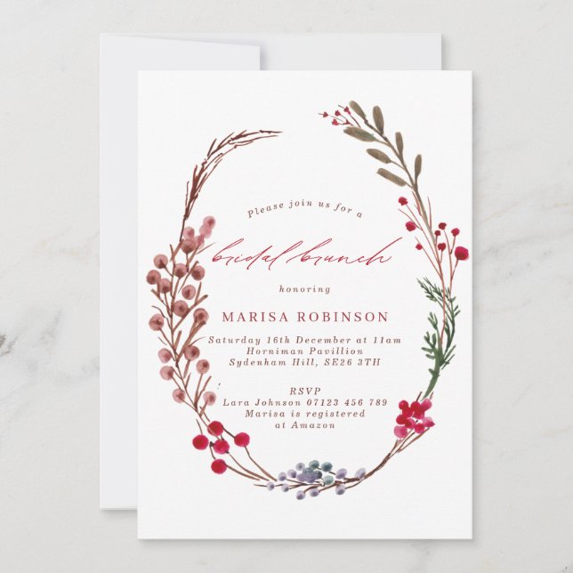 Winter Berries Wreath Bridal Brunch Invitation (Front)