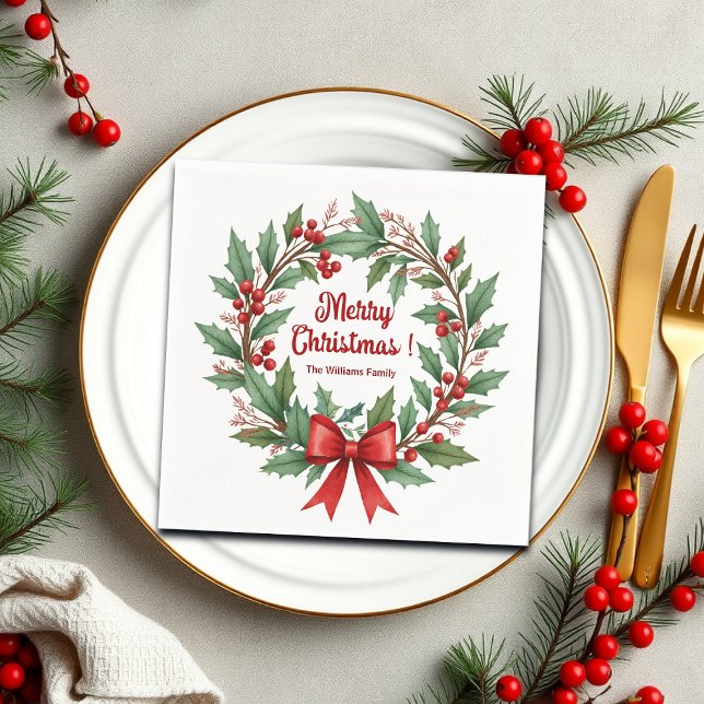 Winter Berries Wreath Red Bow Napkin (Creator Uploaded)