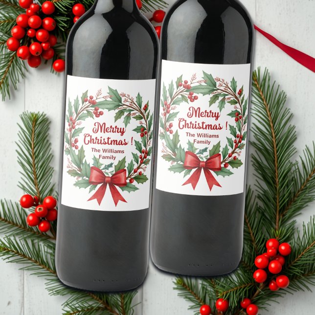 Winter Berries Wreath Red Bow Wine Label (Creator Uploaded)