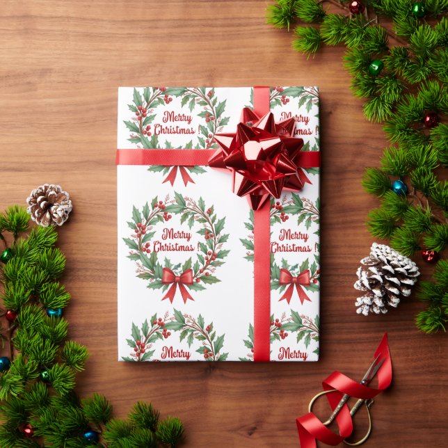 Winter Berries Wreath Red Bow Wrapping Paper (Holiday Gift)