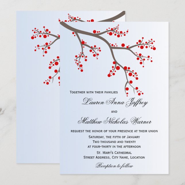 Winter Berry Branch Wedding Invitation (Front/Back)