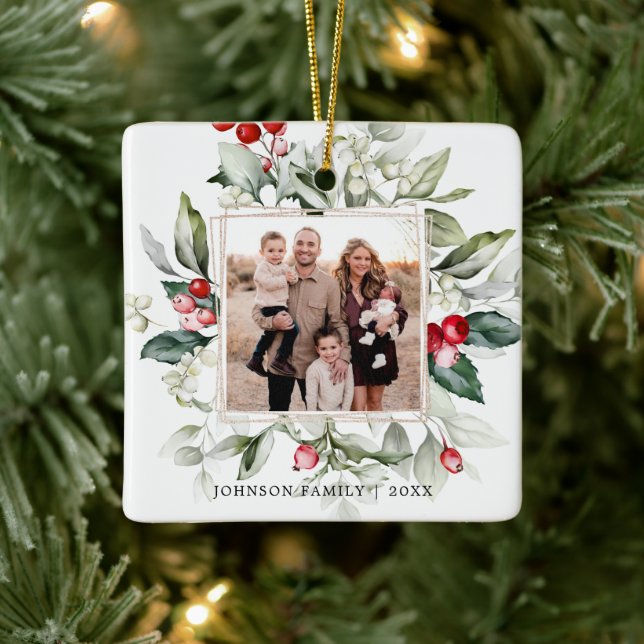 Winter Berry Family Photo Ceramic Ornament (Tree)