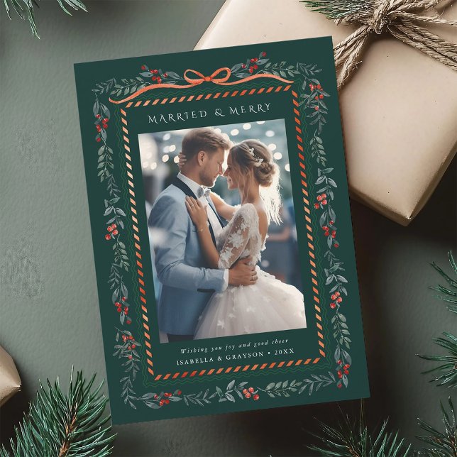 Winter Berry Frame Married & Merry Photo Green Holiday Card (Creator Uploaded)
