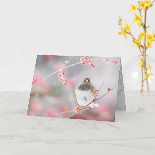 "Winter Berry Junco", 5" x 7" Folded Greeting Card (Yellow Flower)