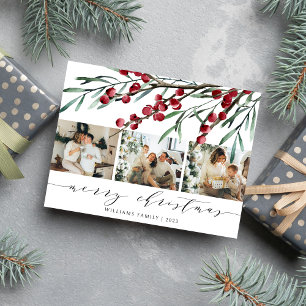 Winter Berry Script Christmas Three Photo Holiday Postcard
