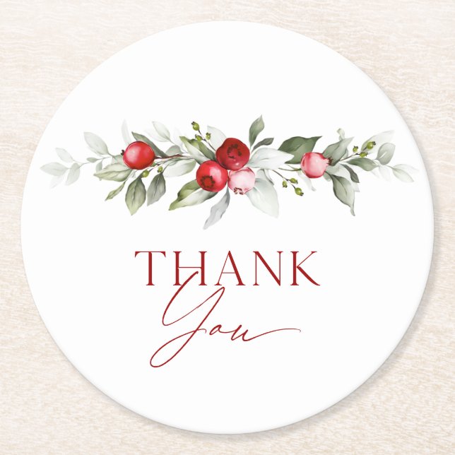 Winter Berry Thank You Bridal Shower Round Paper Coaster (Front)