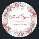 Winter Berry Wreath 90th Birthday Thank You Classic Round Sticker<br><div class="desc">A beautiful and elegant thank you favour sticker designed especially for a 90th birthday party. It features a watercolor wreath of red berries nestled in sage green foliage. Thank you is written in a timeless and classic script. Two lines below let you customise your thanks. This item is part of...</div>