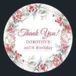 Winter Berry Wreath 90th Birthday Thank You Classic Round Sticker<br><div class="desc">A beautiful and elegant thank you favour sticker designed especially for a 90th birthday party. It features a watercolor wreath of red berries nestled in sage green foliage. Thank you is written in a timeless and classic script. Two lines below let you customise your thanks. This item is part of...</div>