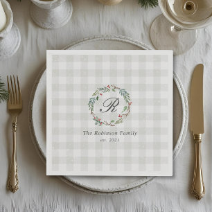 Winter Berry Wreath Family Name Initial Christmas Napkin