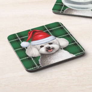 Winter Bichon Frise Dog Holiday Green Plaid Coaster