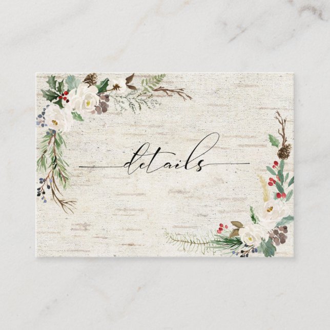 Winter Birch Calligraphy Botanical Wedding Details Enclosure Card (Front)