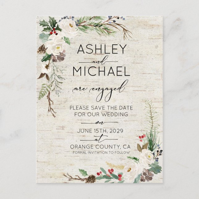 Winter Birch Calligraphy Wedding Save the Date Announcement Postcard (Front)