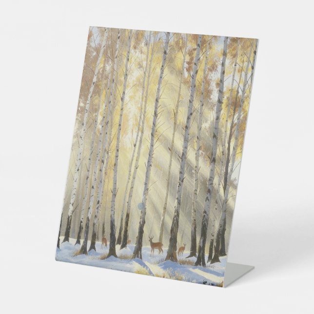 Winter Birch Forest with Deer Pedestal Sign (Front)