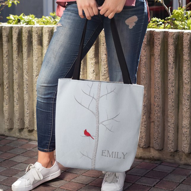 Winter Birch Tree Tote Bag (Red Cardinal birch tree simple tote bag)