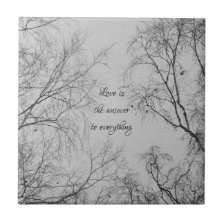 Winter Birch Tree with Little Birds Love Quote Ceramic Tile