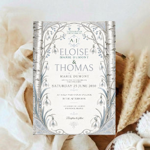 Winter Birch Wedding Botanical Elegant Silver Invitation