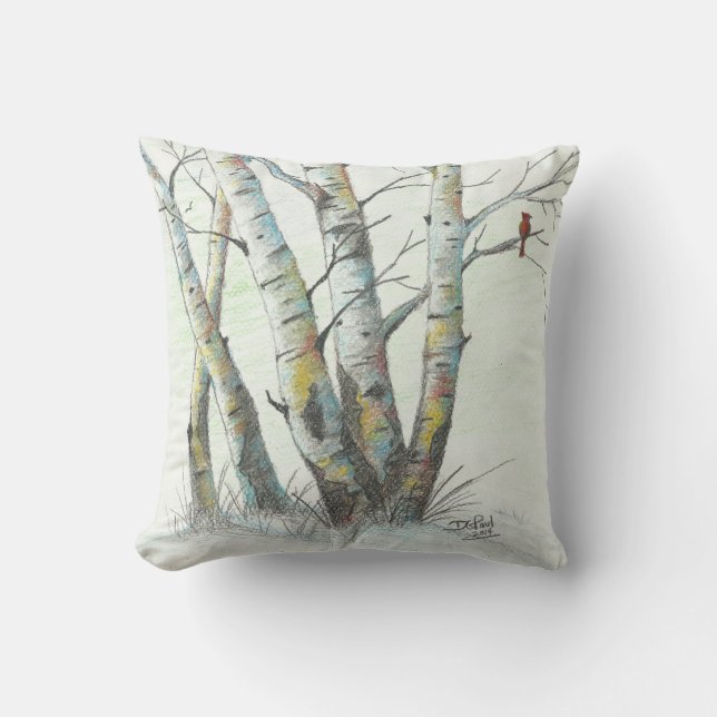 Winter Birches Coloured Pencil Art Cushion (Front)