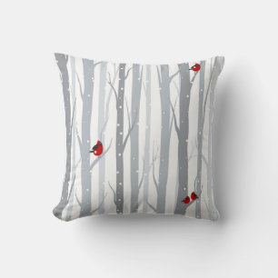 Winter Birches: Grey Trees, Red Birds Cushion