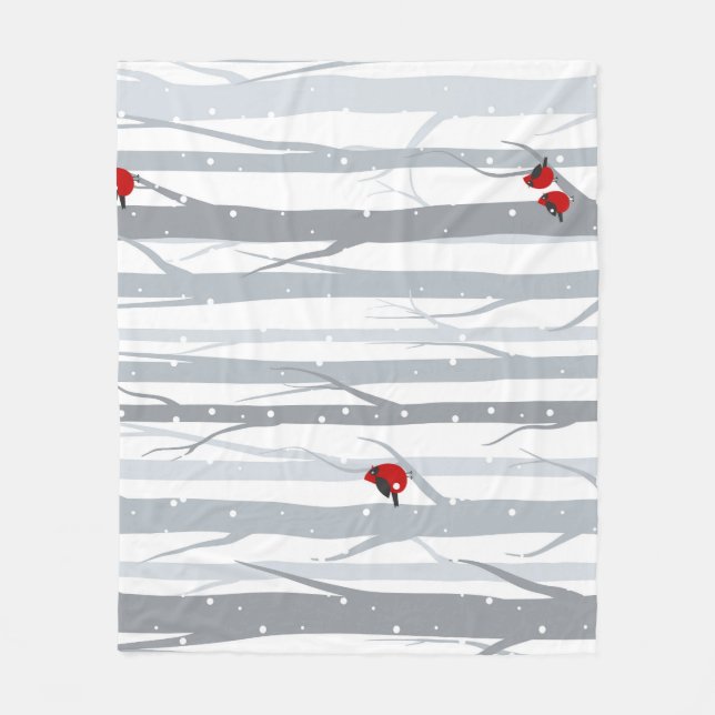 Winter Birches: Grey Trees, Red Birds Fleece Blanket (Front)