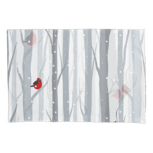Winter Birches: Grey Trees, Red Birds Pillowcase
