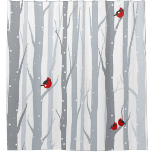 Winter Birches: Grey Trees, Red Birds Shower Curtain