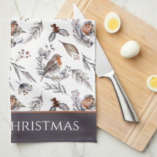 Winter Bird and Holly Pattern Christmas Tea Towel