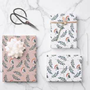 Winter Bird and Leaves Pattern Wrapping Paper Sheet