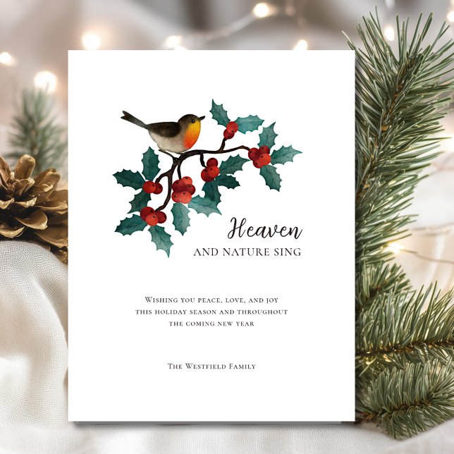 Winter Bird Holly Berries Magnetic Christmas Card (Heaven and Nature Sing Winter Bird Holly Christmas Holiday Card 4.25 x 5.5 inches)
