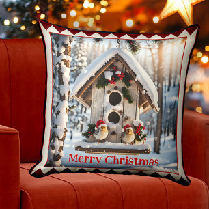 Winter Bird House Christmas Animal Art Cushion