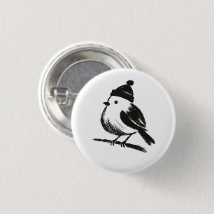Winter Bird in Beanie – Ink Brush Minimalism on 3 Cm Round Badge
