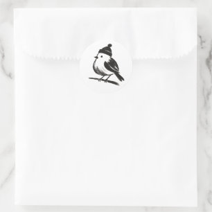 Winter Bird in Beanie – Ink Brush Minimalism on Classic Round Sticker