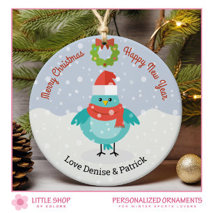 Winter Bird in Snow Christmas Ceramic Ornament