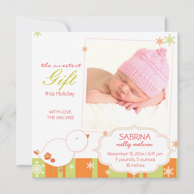 Winter Bird New Baby Girl Photo Birth Announcement (Front)
