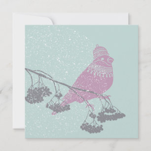 Winter bird on berries branches, lantern - Xmas Holiday Card