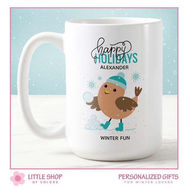 Winter Bird Playing in Snow Personalised Coffee Mug (Creator Uploaded)