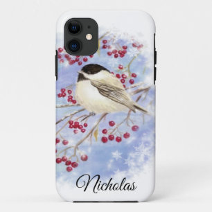 Winter Bird through Snowy Window. Christmas Scene iPhone 11 Case
