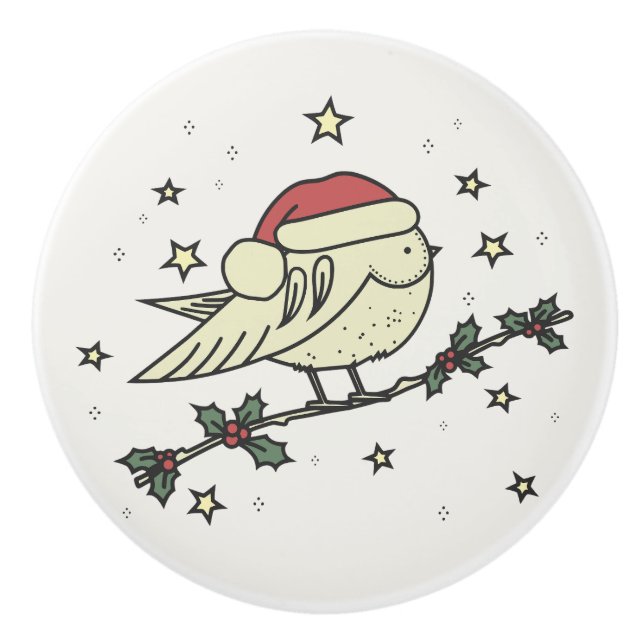 Winter bird with Santa's hat Ceramic Knob (Front)