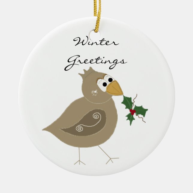 Winter Bird with Sprig of Holly Ceramic Ornament (Front)