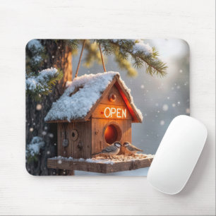 Winter Birdhouse With Neon Open Sign Mouse Pad