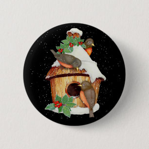 Winter Birds and Birdhouse 6 Cm Round Badge