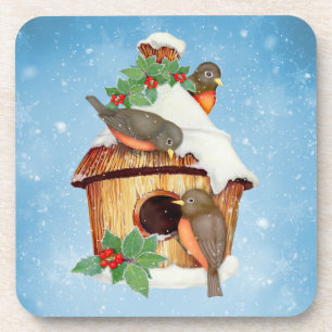 Winter Birds and Birdhouse Coaster
