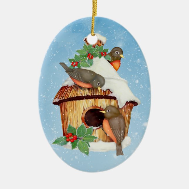 Winter Birds and Birdhouse - Customise Ceramic Ornament (Front)