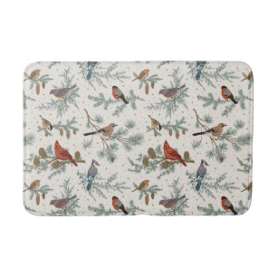 Winter Birds and Pine Branches Pattern Bath Mat