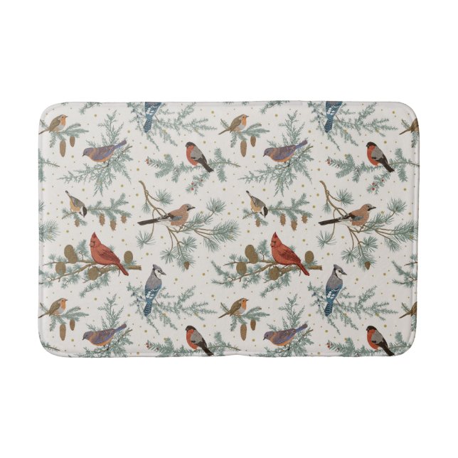 Winter Birds and Pine Branches Pattern Bath Mat (Front)