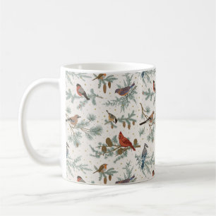 Winter Birds and Pine Branches Pattern Coffee Mug