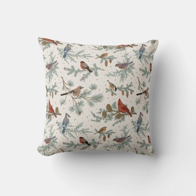 Winter Birds and Pine Branches Pattern Cushion (Front)