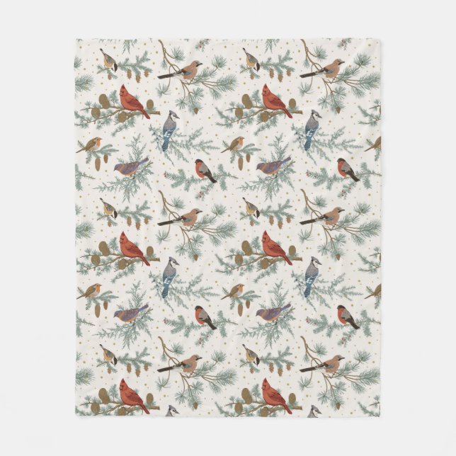 Winter Birds and Pine Branches Pattern Fleece Blanket (Front)