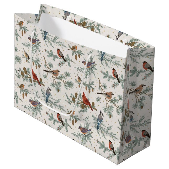 Winter Birds and Pine Branches Pattern Large Gift Bag (Front Angled)